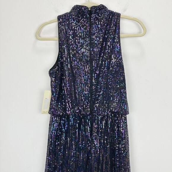 Eliza J Sequined Feather Hem Mini Dress Party Glam Mockneck Sleeveless US 6 NWT - Picture 13 of 13